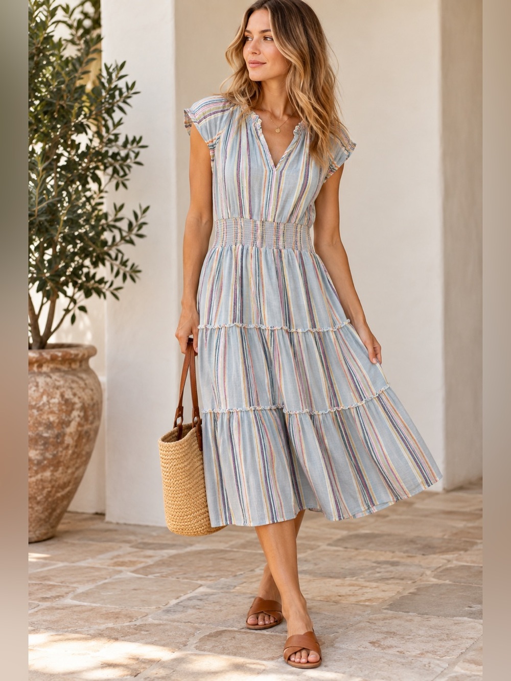 Rails Amelia Sag Harbor Striped Linen Blend Smocked Tiered Midi Dress Small